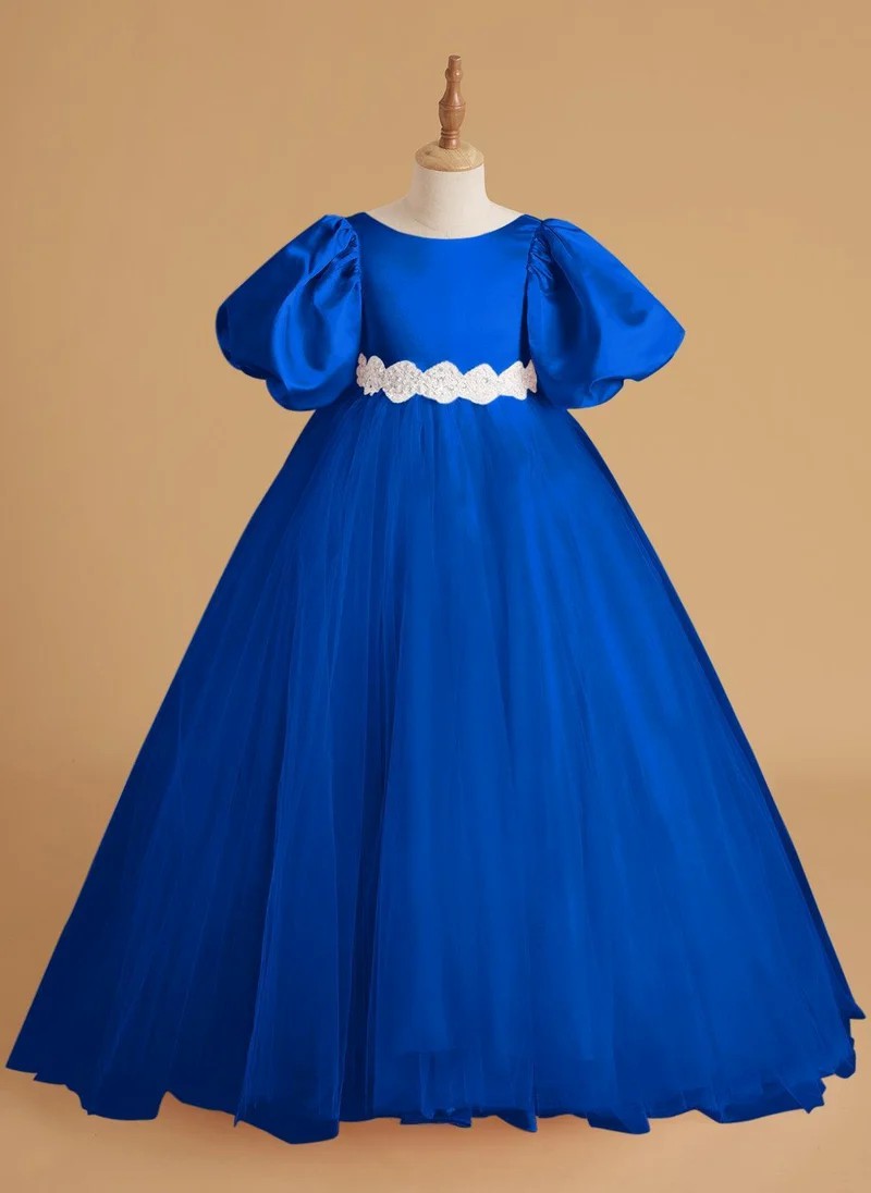 TinyTulle Elegant Satin &amp; Tulle Puff Sleeve Ball Gown with Beaded Waistband for First Communion &amp; Weddings