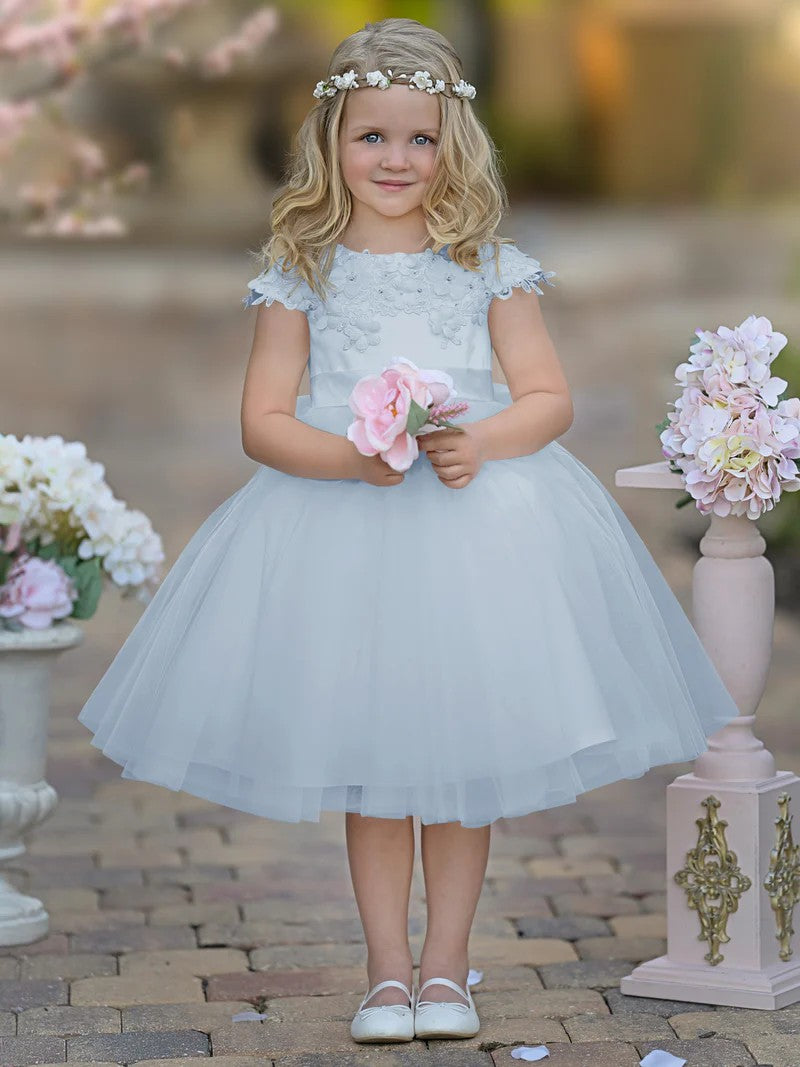 TinyTulle White Satin Tulle Tea-Length Flower Girl Dress for First Communion &amp; Wedding