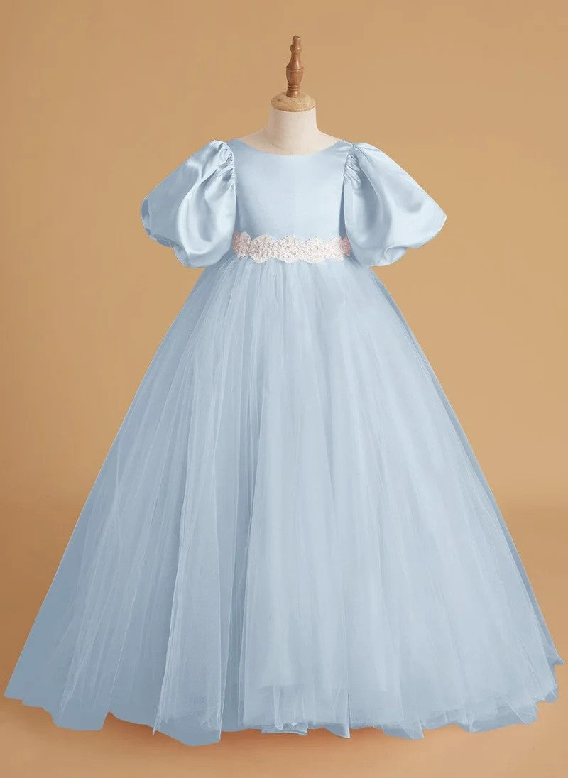 TinyTulle Elegant Satin &amp; Tulle Puff Sleeve Ball Gown with Beaded Waistband for First Communion &amp; Weddings