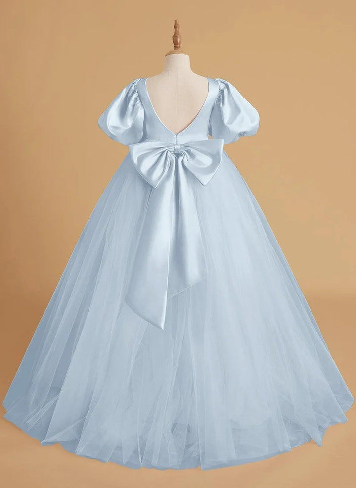 TinyTulle Elegant Satin &amp; Tulle Puff Sleeve Ball Gown with Beaded Waistband for First Communion &amp; Weddings