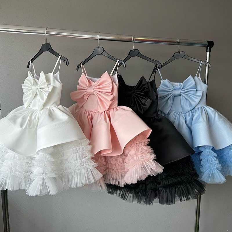TinyTulle Princess Spaghetti Strap Satin Bow Ruffled Tulle Flower Girl Dress