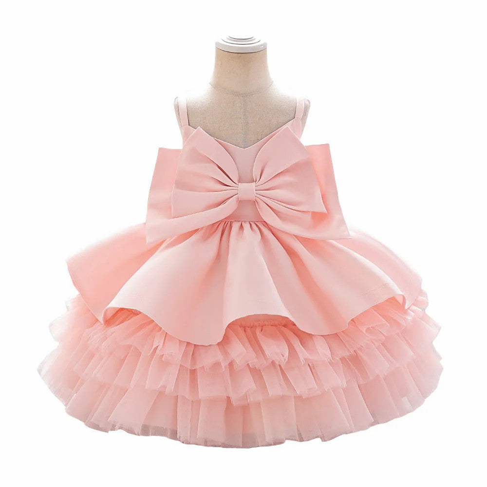 TinyTulle Princess Spaghetti Strap Satin Bow Ruffled Tulle Flower Girl Dress