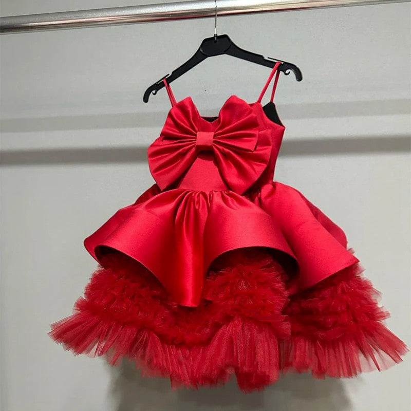 TinyTulle Princess Spaghetti Strap Satin Bow Ruffled Tulle Flower Girl Dress