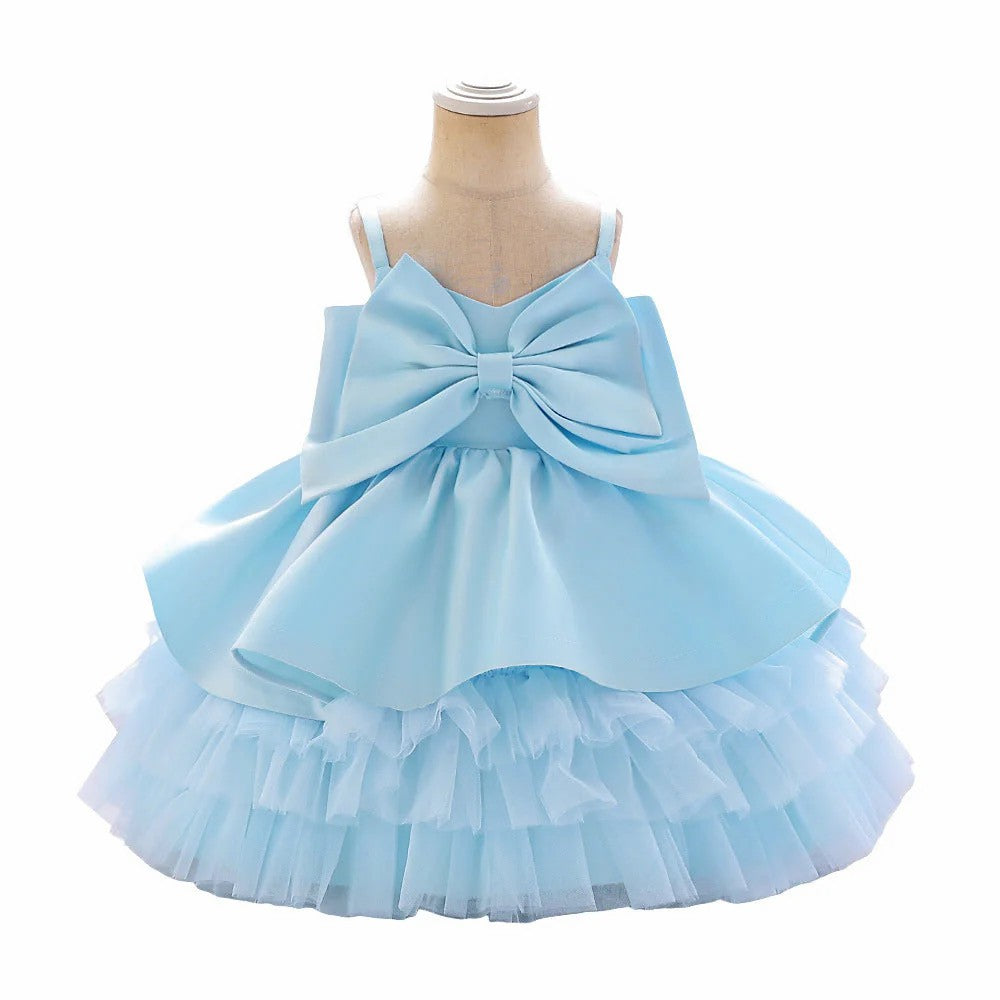 TinyTulle Princess Spaghetti Strap Satin Bow Ruffled Tulle Flower Girl Dress