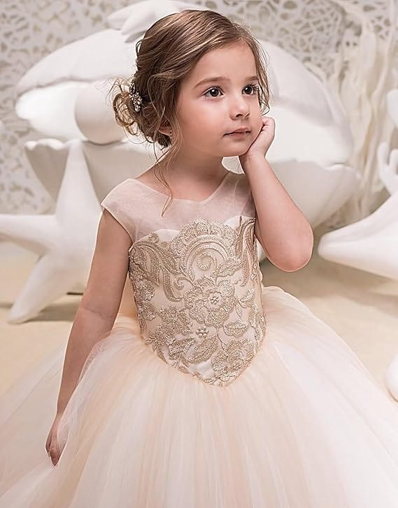 TinyTulle Elegant Champagne Floral Appliqué Tulle Flower Girl Dress with Bow