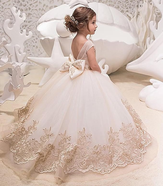 TinyTulle Elegant Champagne Floral Appliqué Tulle Flower Girl Dress with Bow