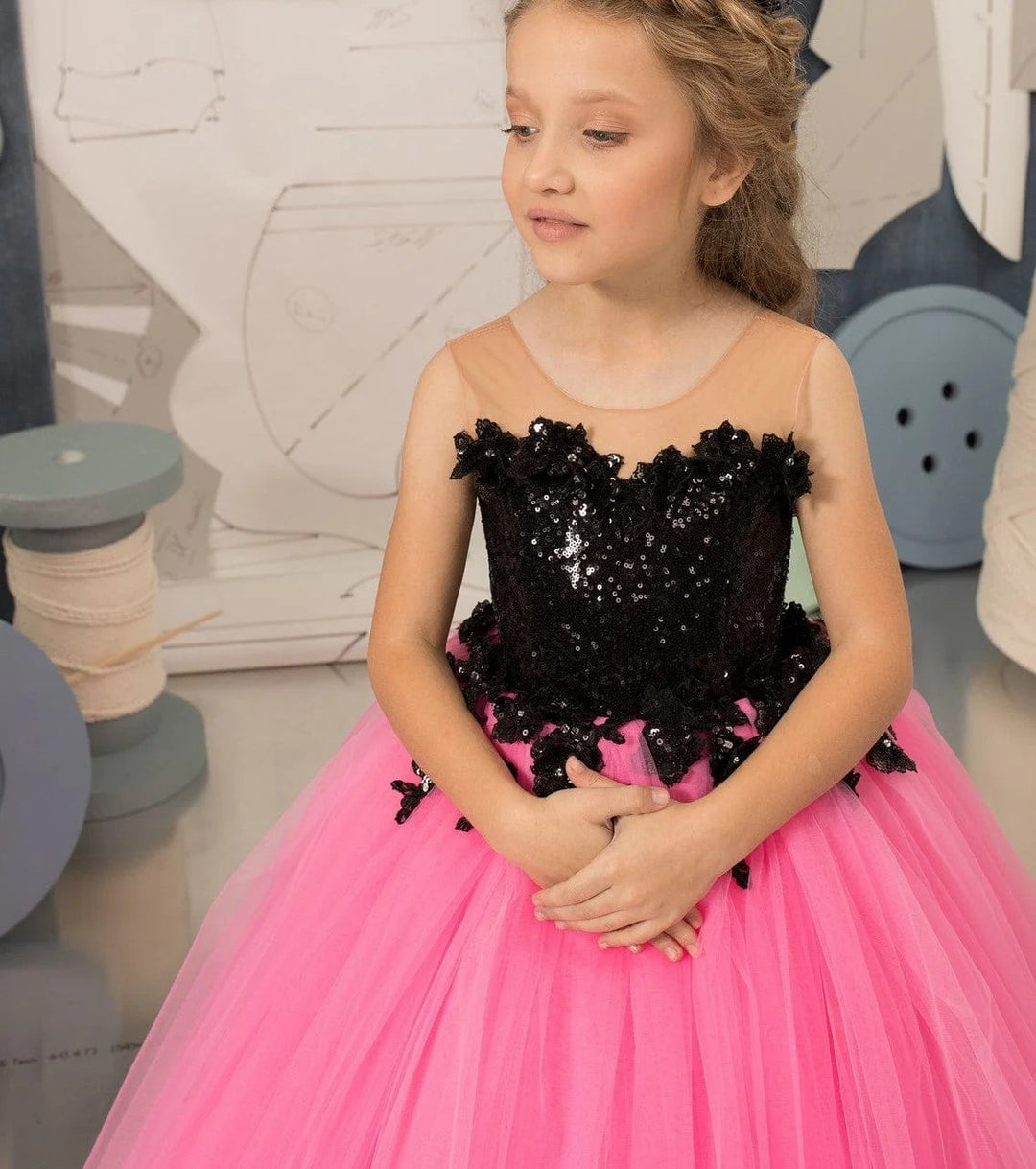 TinyTulle Pink Tulle Flower Girl Dress with Black Sequin Bodice &amp; Ball Gown Skirt