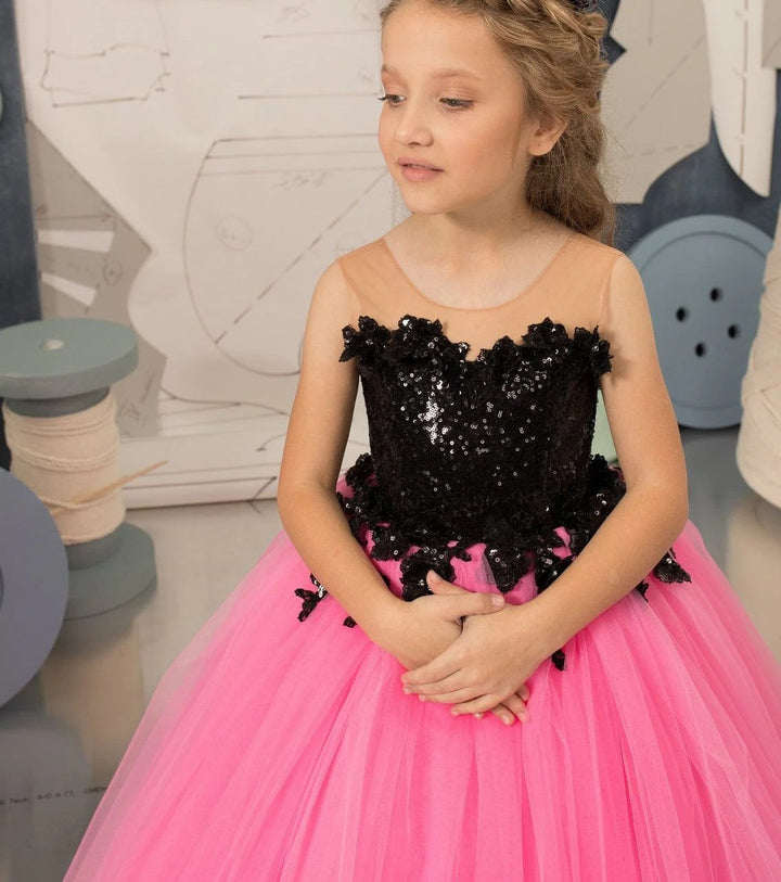 TinyTulle Pink Tulle Flower Girl Dress with Black Sequin Bodice &amp; Ball Gown Skirt