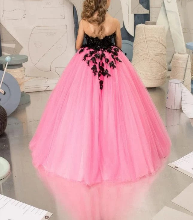 TinyTulle Pink Tulle Flower Girl Dress with Black Sequin Bodice &amp; Ball Gown Skirt