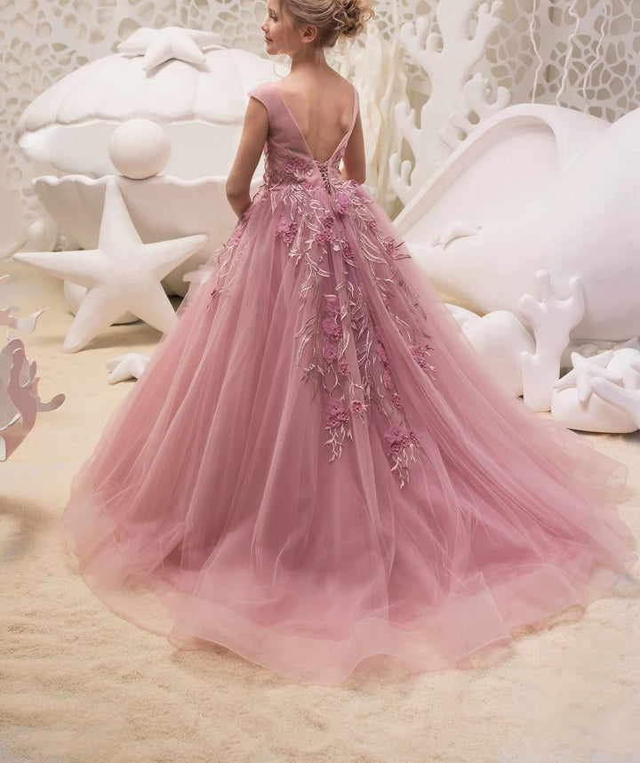 TinyTulle Rose Pink Sleeveless V Back Tulle Flower Girl Dress with Floral Appliqué