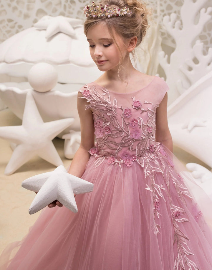 TinyTulle Rose Pink Sleeveless V Back Tulle Flower Girl Dress with Floral Appliqué