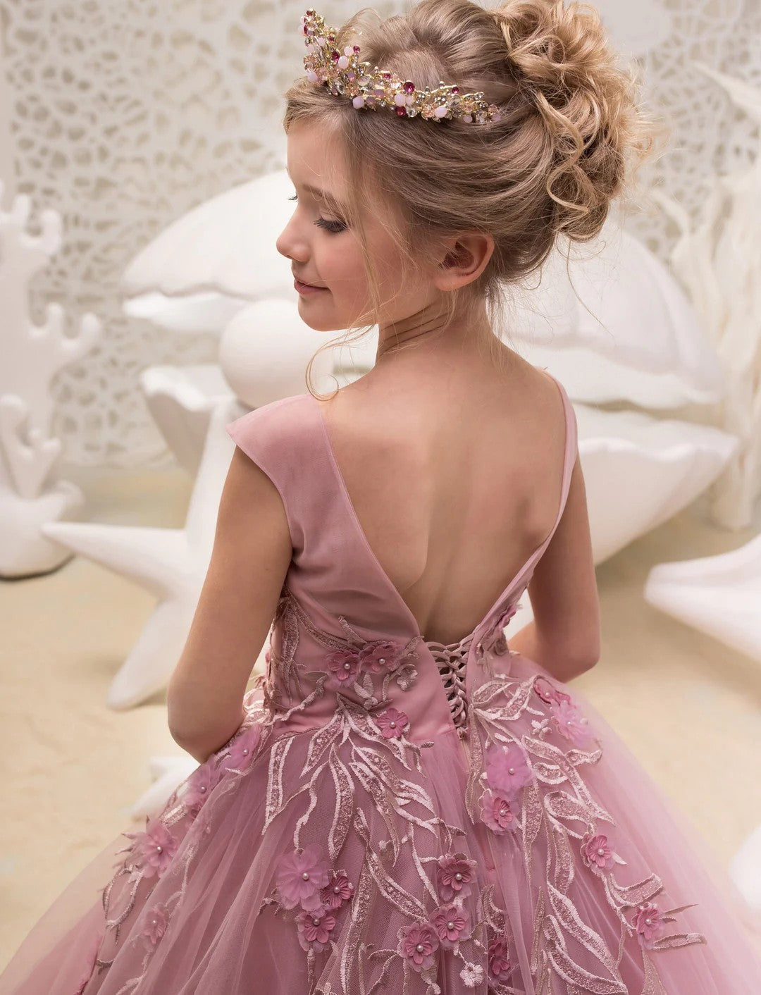 TinyTulle Rose Pink Sleeveless V Back Tulle Flower Girl Dress with Floral Appliqué