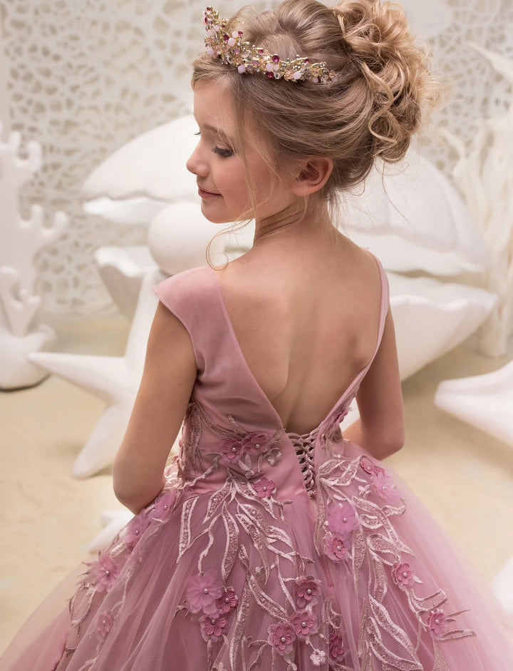 TinyTulle Rose Pink Sleeveless V Back Tulle Flower Girl Dress with Floral Appliqué