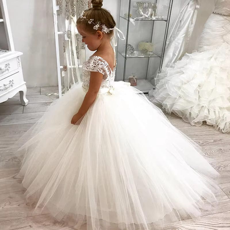 TinyTulle White Cap Sleeve Tulle Ball Gown Flower Girl Dress for Wedding