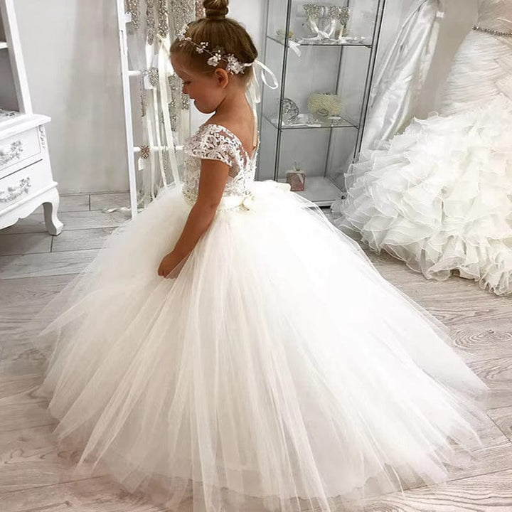 TinyTulle White Cap Sleeve Tulle Ball Gown Flower Girl Dress for Wedding
