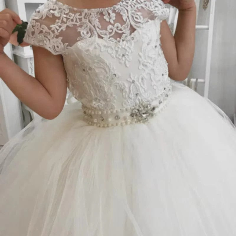 TinyTulle White Cap Sleeve Tulle Ball Gown Flower Girl Dress for Wedding