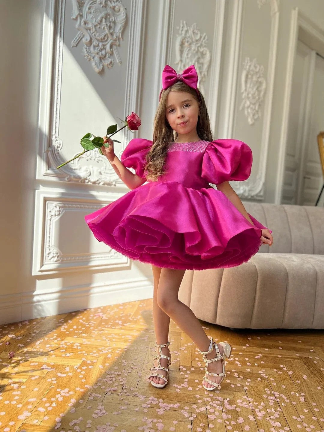 TinyTulle Hot Pink Satin Puff Sleeve Flower Girl Dress with Layered Ruffle Skirt
