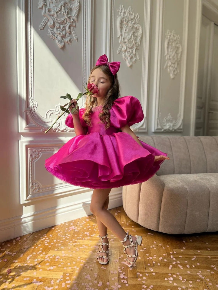 TinyTulle Hot Pink Satin Puff Sleeve Flower Girl Dress with Layered Ruffle Skirt