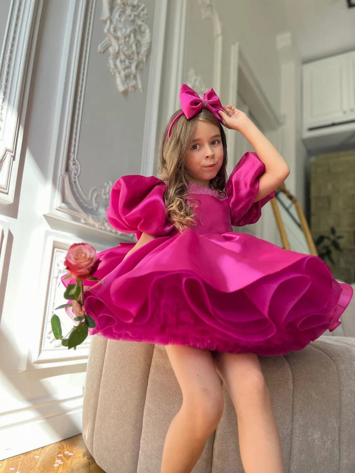 TinyTulle Hot Pink Satin Puff Sleeve Flower Girl Dress with Layered Ruffle Skirt