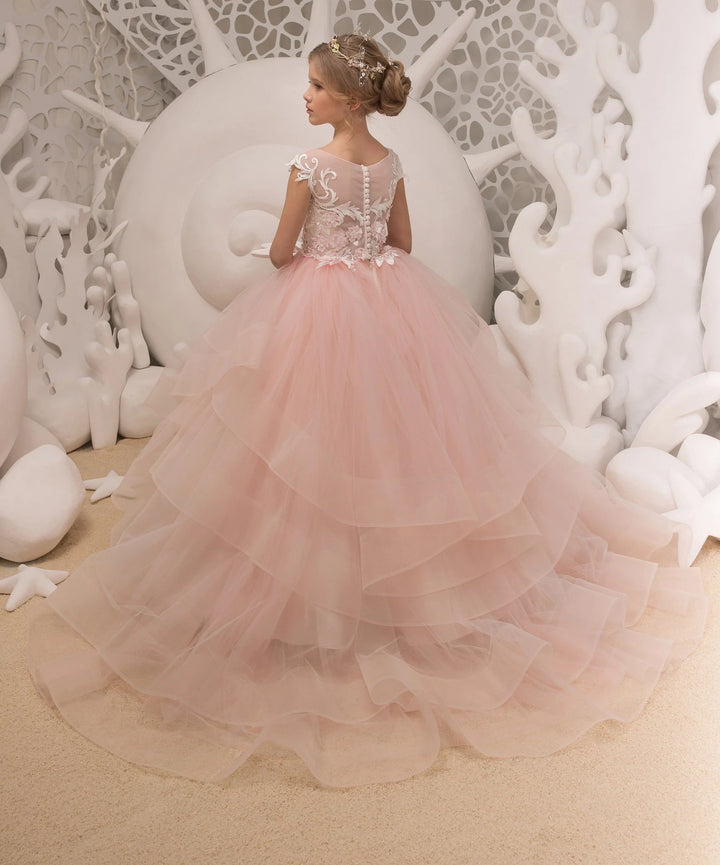TinyTulle Light Pink Floral Appliques Tulle Ball Gown Flower Girl Dress