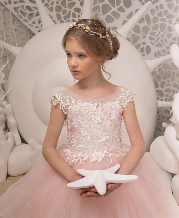TinyTulle Light Pink Floral Appliques Tulle Ball Gown Flower Girl Dress