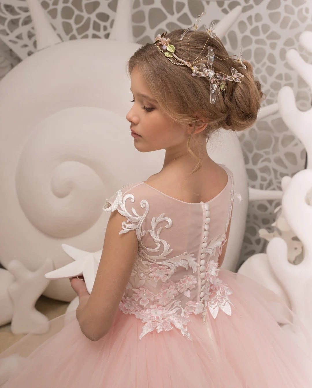 TinyTulle Light Pink Floral Appliques Tulle Ball Gown Flower Girl Dress