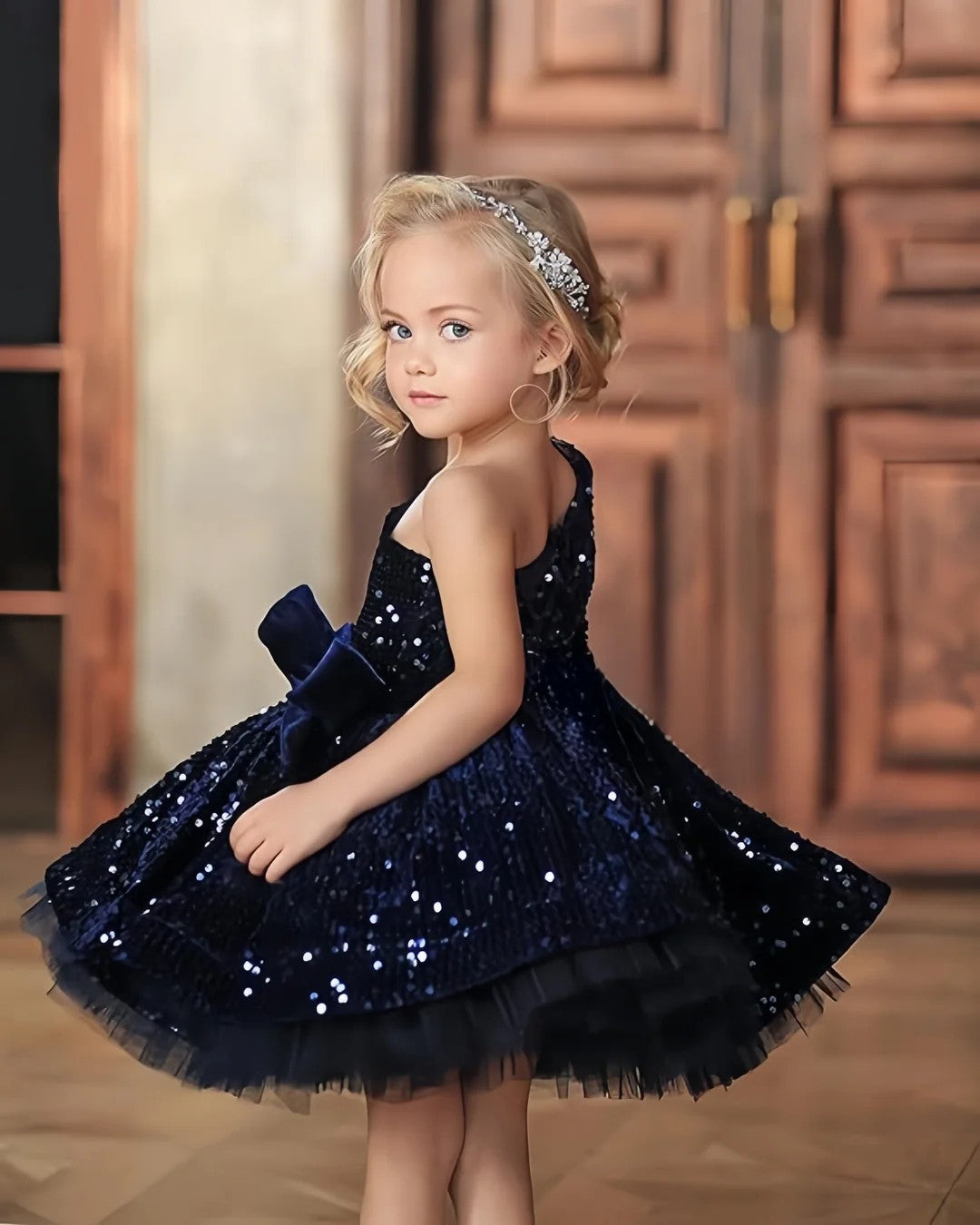 TinyTulle Sparkling Navy Blue One-Shoulder Sequin Flower Girl Dress with Statement Bow