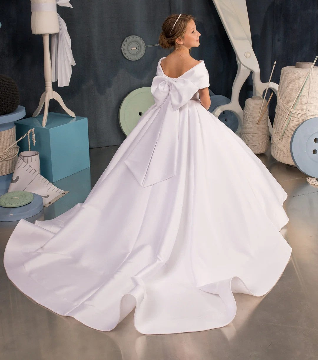 TinyTulle White Satin Off Shoulder Long Flower Girl Dress with Oversized Bow