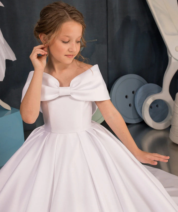 TinyTulle White Satin Off Shoulder Long Flower Girl Dress with Oversized Bow
