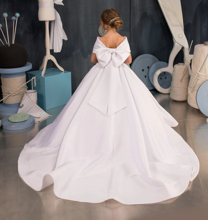 TinyTulle White Satin Off Shoulder Long Flower Girl Dress with Oversized Bow