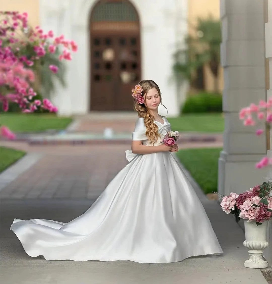 TinyTulle Elegant White Satin Flower Girl Dress with Bow &amp; Long Train