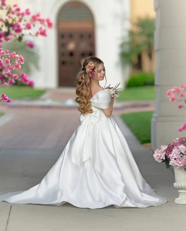 TinyTulle Elegant White Satin Flower Girl Dress with Bow &amp; Long Train