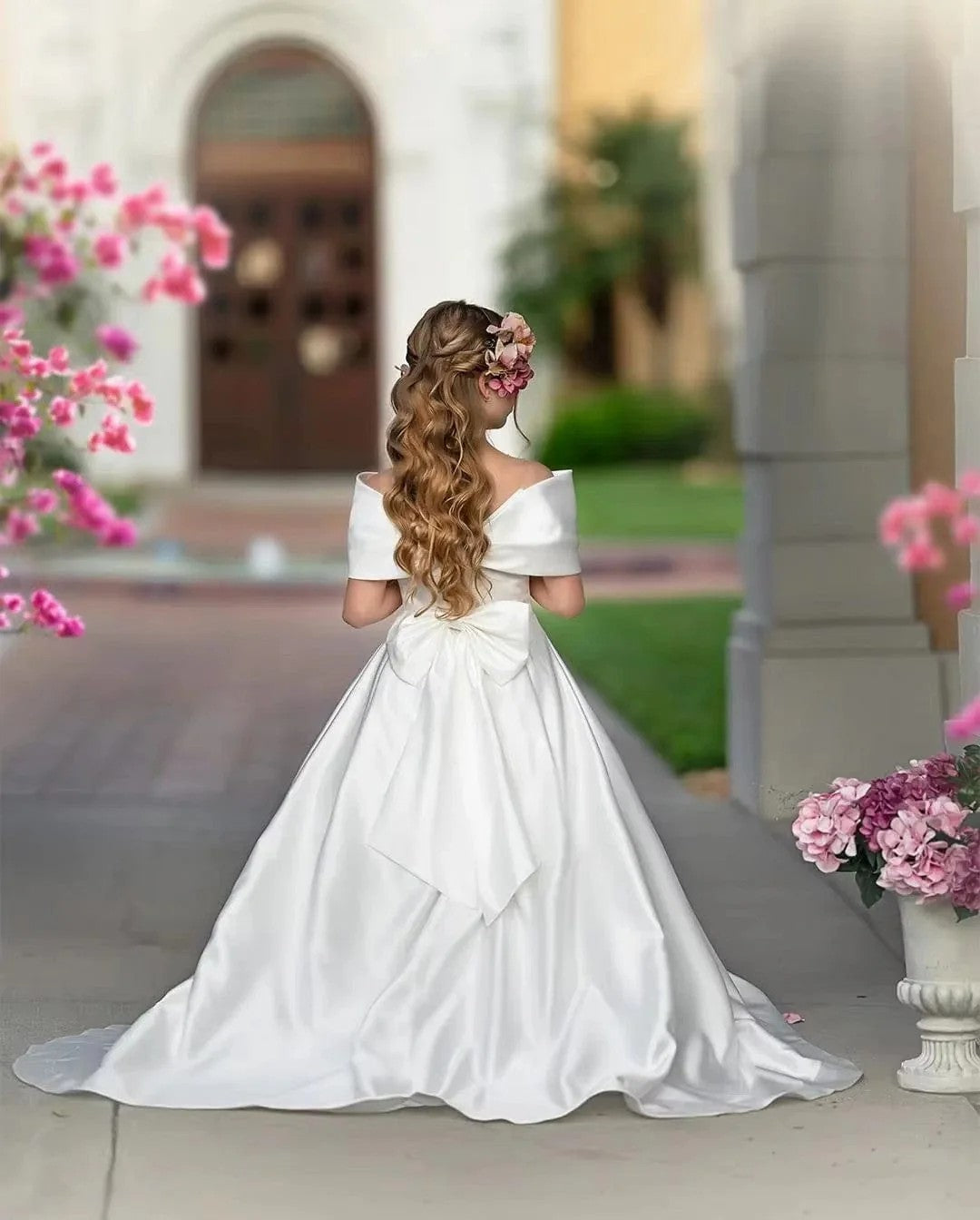 TinyTulle Elegant White Satin Flower Girl Dress with Bow &amp; Long Train