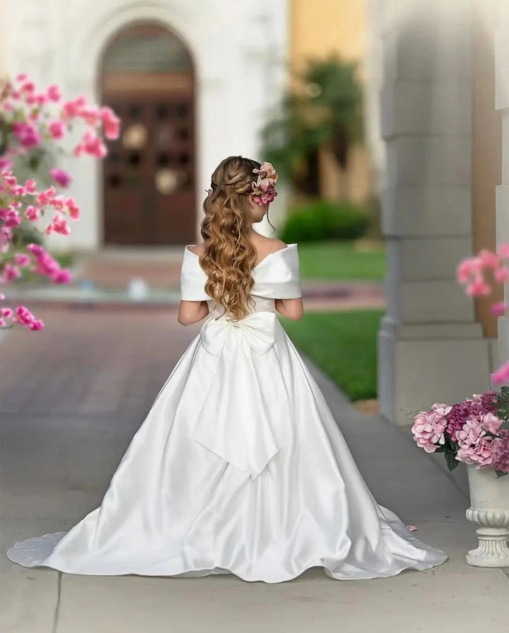 TinyTulle Elegant White Satin Flower Girl Dress with Bow &amp; Long Train