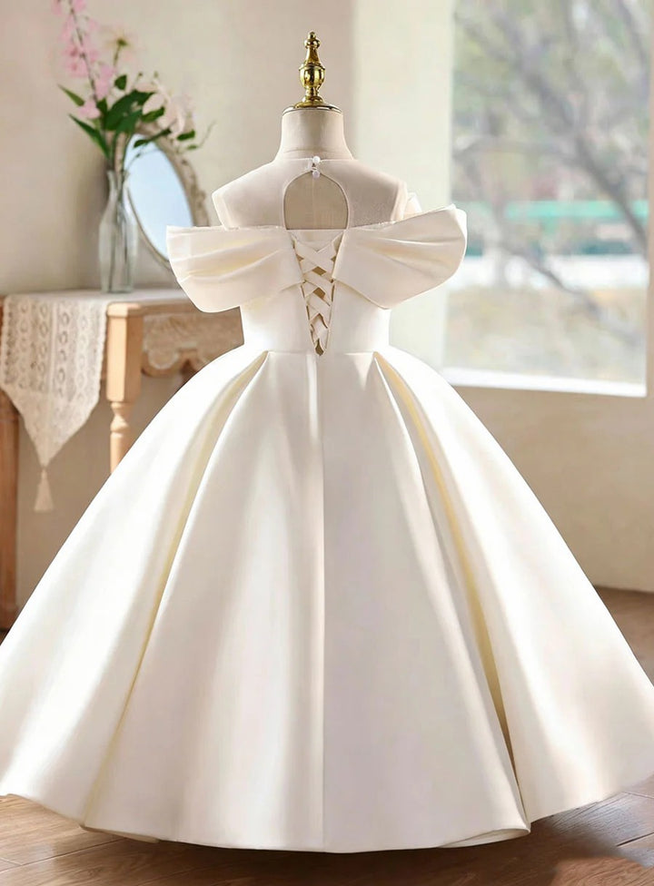 TinyTulle Elegant Off White Satin Ball Gown Flower Girl Dress with 3D Floral