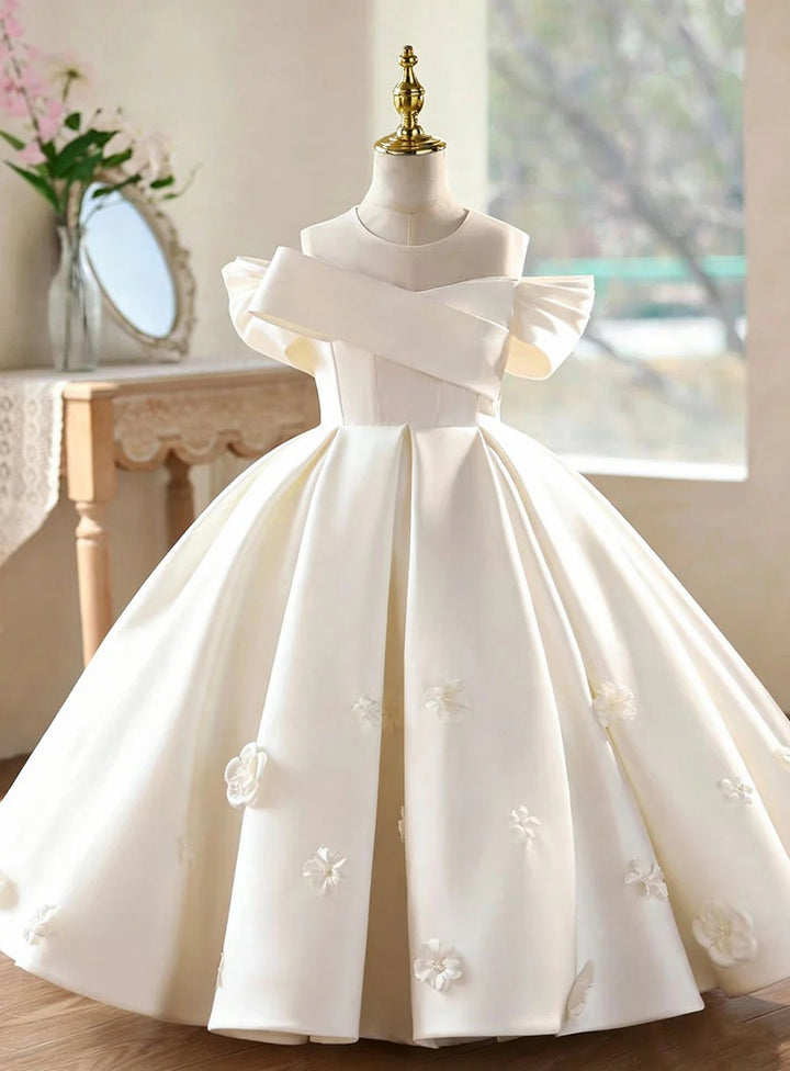 TinyTulle Elegant Off White Satin Ball Gown Flower Girl Dress with 3D Floral