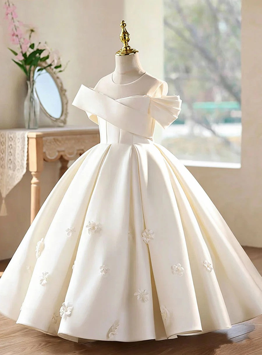 TinyTulle Elegant Off White Satin Ball Gown Flower Girl Dress with 3D Floral