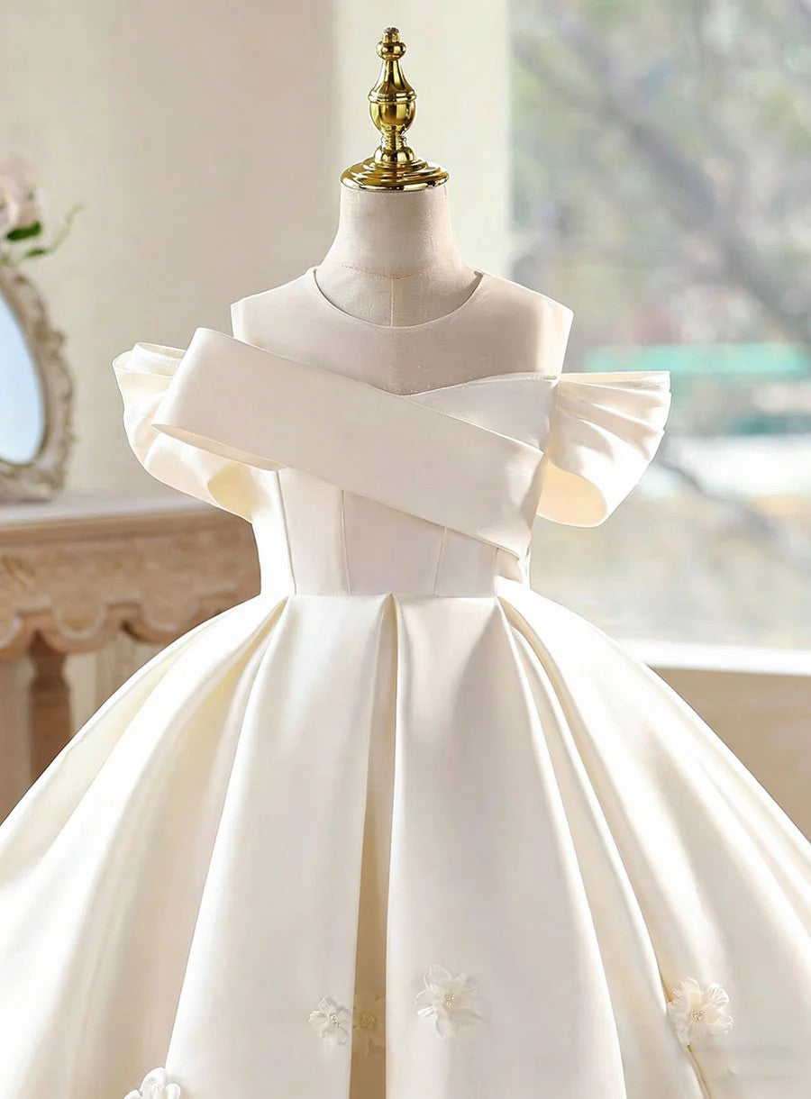 TinyTulle Elegant Off White Satin Ball Gown Flower Girl Dress with 3D Floral