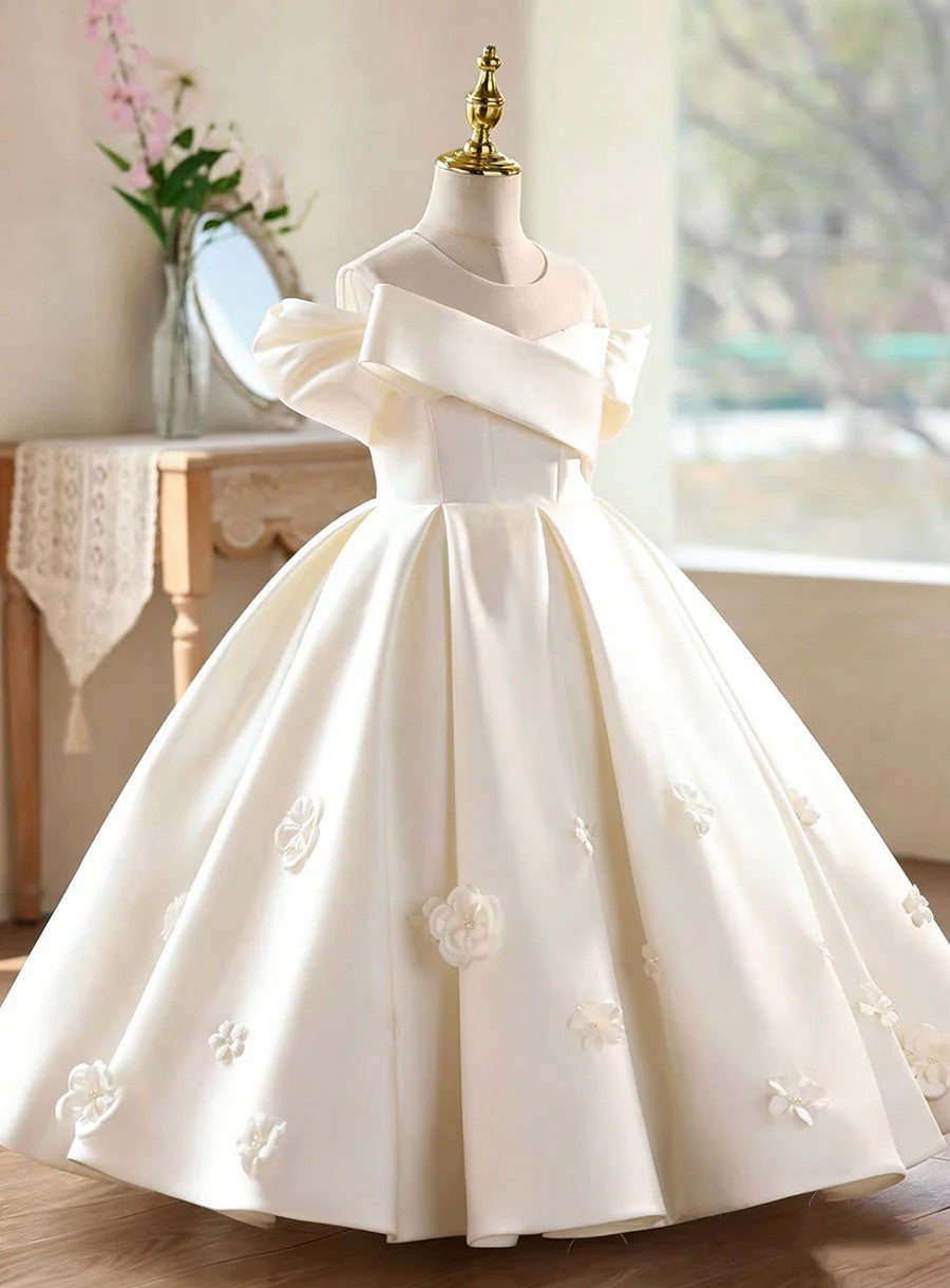 TinyTulle Elegant Off White Satin Ball Gown Flower Girl Dress with 3D Floral
