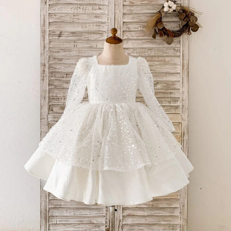 TinyTulle White Sequin Satin A-Line Flower Girl Dress with Ruffle Details