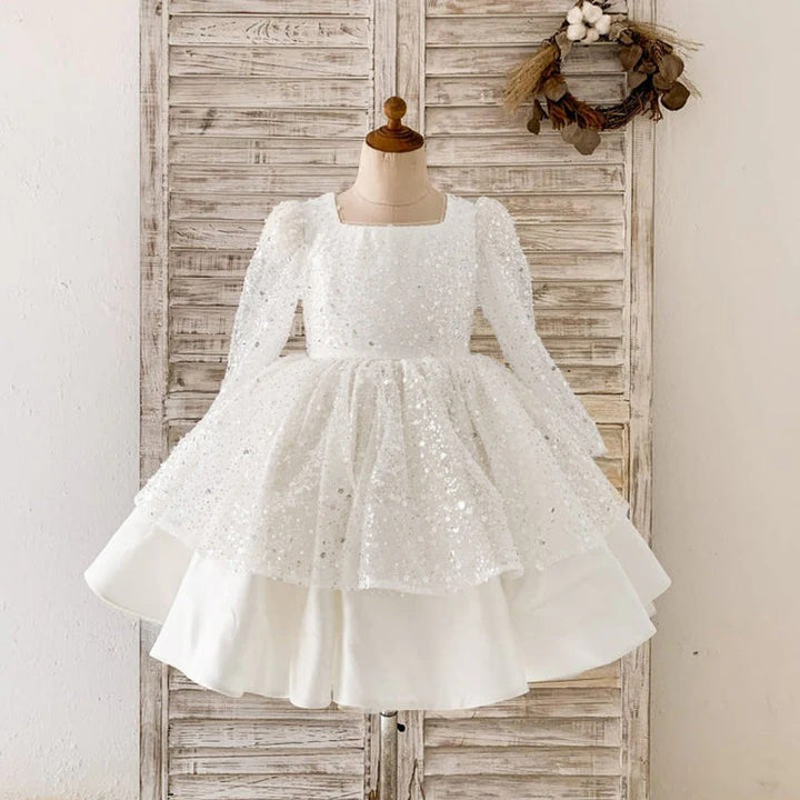 TinyTulle White Sequin Satin A-Line Flower Girl Dress with Ruffle Details