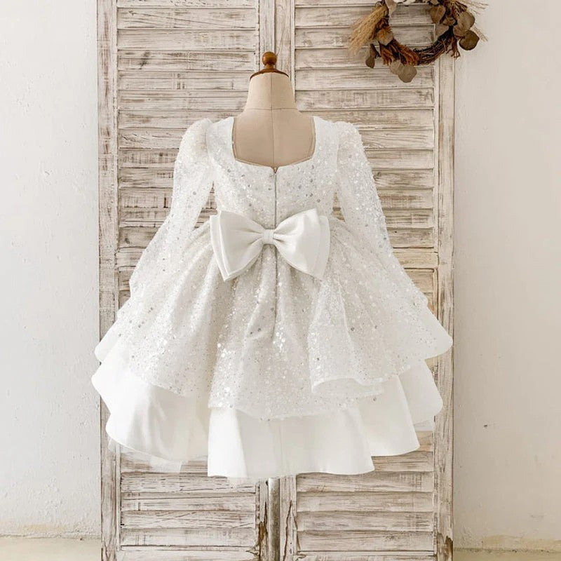 TinyTulle White Sequin Satin A-Line Flower Girl Dress with Ruffle Details