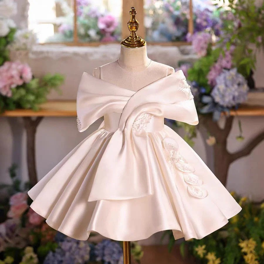 TinyTulle Elegant Ivory Off-Shoulder Satin Flower Girl Dress for Wedding