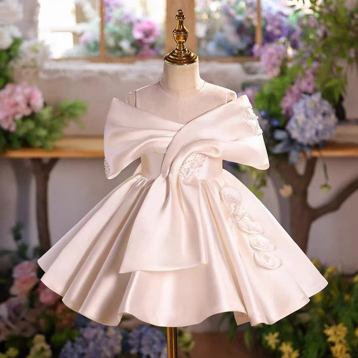 TinyTulle Elegant Ivory Off-Shoulder Satin Flower Girl Dress for Wedding