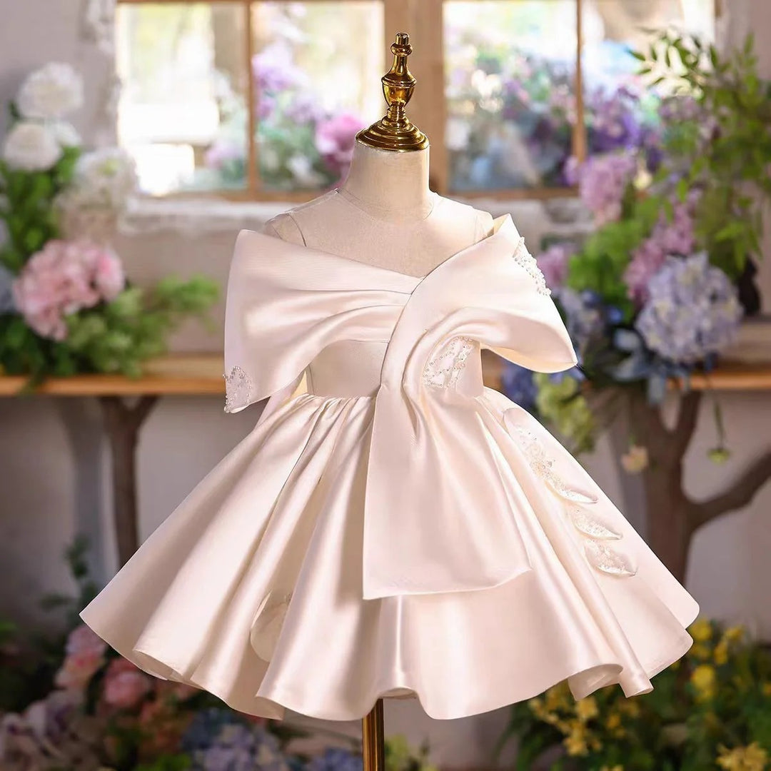 TinyTulle Elegant Ivory Off-Shoulder Satin Flower Girl Dress for Wedding