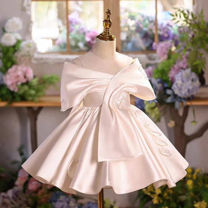 TinyTulle Elegant Ivory Off-Shoulder Satin Flower Girl Dress for Wedding