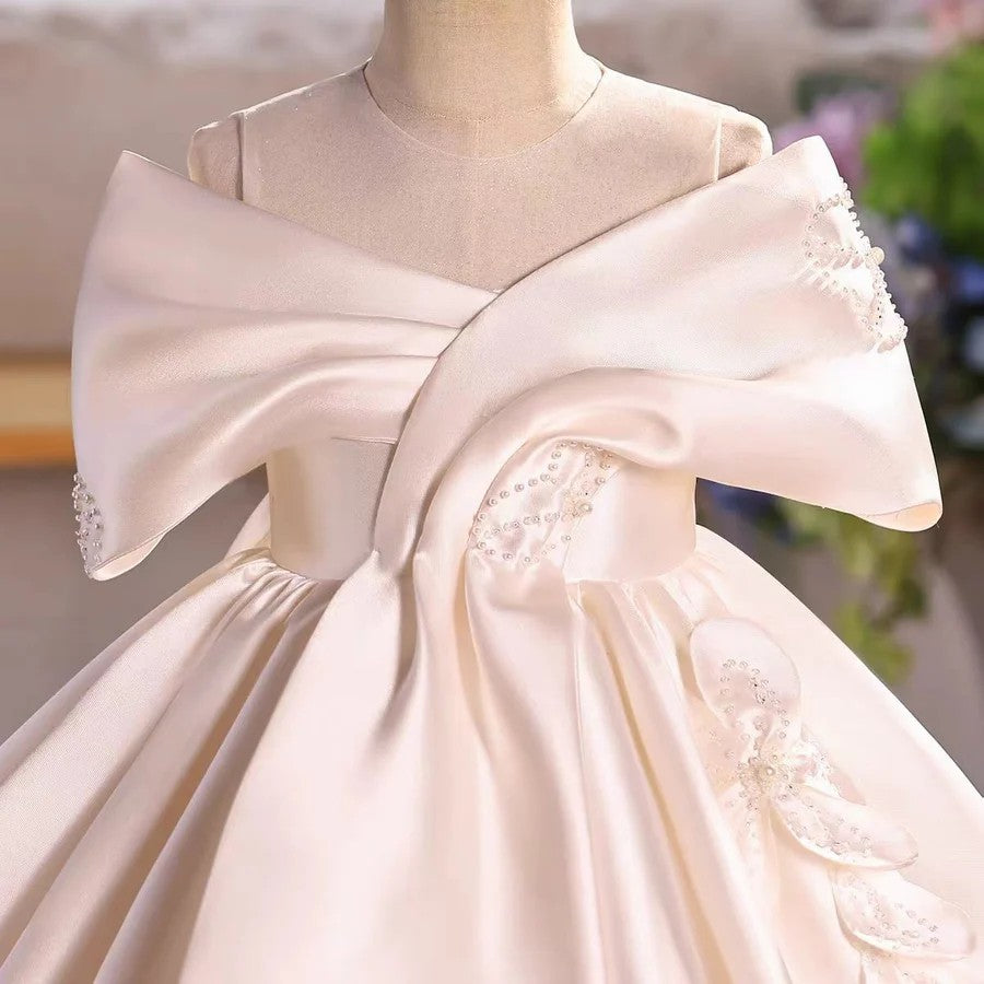 TinyTulle Elegant Ivory Off-Shoulder Satin Flower Girl Dress for Wedding