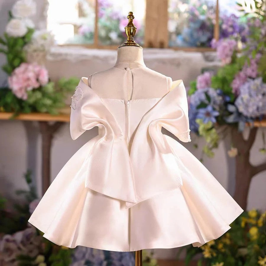 TinyTulle Elegant Ivory Off-Shoulder Satin Flower Girl Dress for Wedding