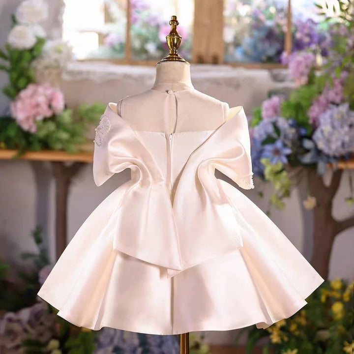 TinyTulle Elegant Ivory Off-Shoulder Satin Flower Girl Dress for Wedding