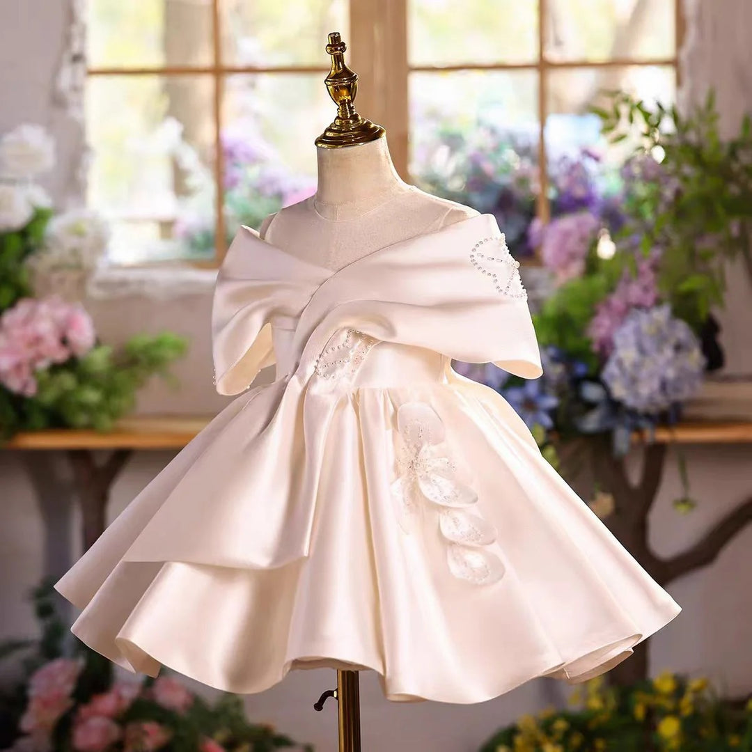 TinyTulle Elegant Ivory Off-Shoulder Satin Flower Girl Dress for Wedding